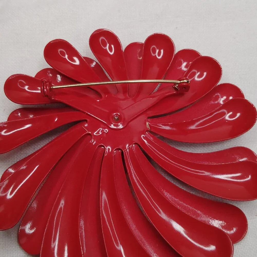 1960s Red Enamel Flower Brooch • Tiered Petals & Filigree Center • 3”